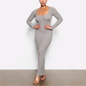 NWT Skims Ribbed Heather Gray Soft Lounge Long Sleeve Maxi Dress Size LARGE